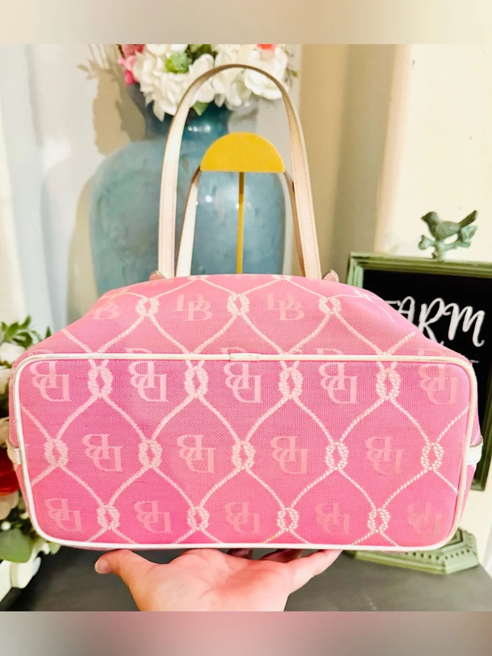 Dooney & Bourke Pink & White Nautical Rope Monogram Tote Vintage Blue Duck - GUC